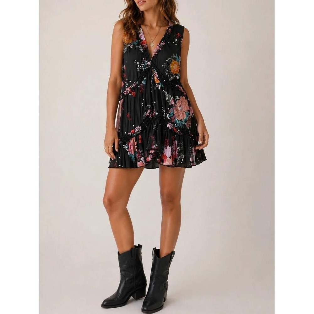 Free People Haze Black Floral Tunic Top XS Mini Dress Coverup Boho Country - Picture 2 of 11